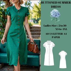 Buttoned summer dresss, summer casual dress. is available as an instant download (pdf) sewing pattern bundle with a range of size options, including plus sizes ♥US Sizes: 2, 4, 6, 8, 10, 12, 14, 16, 18, 20, 22, 24, 26, 28, 30 ♥Standard Sizes: XS, S, M, L, XL, 2XL, 3XL, 4XL ♥These patterns are suitable for A4 and US Letter size papers. ♥Once your payment is processed, you will automatically receive download links for the pattern files. Please note that you can only download the files from a compu Twist Front Dress Pattern, Summer Dress Vintage, Summer Casual Dress, Twist Front Dress, Free Pdf Sewing Patterns, Party Attire, Vintage Summer Dresses, Clothes Sewing Patterns, Dress Sewing Pattern