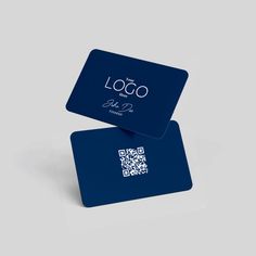 two blue business cards with qr code printed on the front and back, sitting side by side