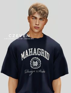 a young man with blonde hair wearing a black t - shirt that says mahagrid