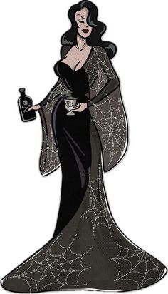 an image of a woman dressed in black and holding a cup with spider webs on it