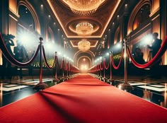 a red carpet with ropes and rope barriers in front of an ornate room filled with chandeliers