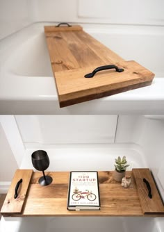 two photos of a bathtub with a book and coffee cup on the tray next to it