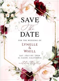 wedding save the date card with flowers and leaves on pink background, in gold frame