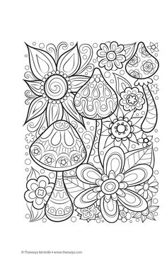 an adult coloring page with flowers and mushrooms in the background, for adults to color