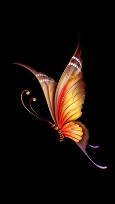 a colorful butterfly flying through the air with its wings spread out, on a black background