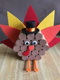 a paper turkey with a top hat on it's head, made out of wood logs