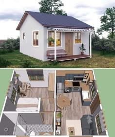 two pictures show the inside and outside of a small house with an open floor plan