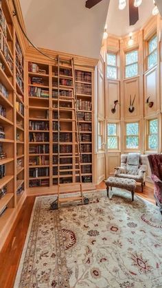 a living room filled with lots of wooden bookshelves and a rug on the floor