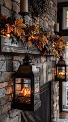 a brick fireplace with a lit lantern hanging from it's side