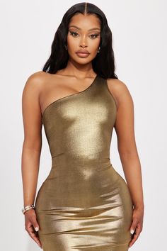 Available In Gold And Pink. Metallic Midi Dress Sleeveless One Shoulder Stretch Length = 44" 95% Polyester 5% Spandex Imported | Shani Metallic Midi Dress in Gold size XL by Fashion Nova Gold Metallic Dress, Metallic Gold Dress, Shoulder Stretch, One Shoulder Midi Dress, Dresses Fashion Nova, Pink Metallic, Gold And Pink, Dress Fitted, Xl Fashion