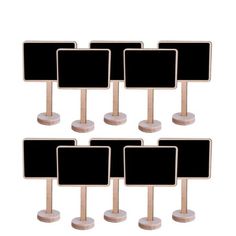 a set of six wooden signs with blackboards on each one side and a white background