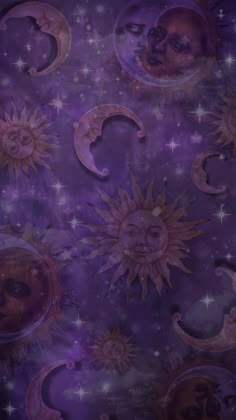 the sun, moon and stars are depicted in this purple background with many different shapes