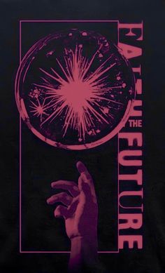 a person holding their hand up in front of a poster with fireworks on the top