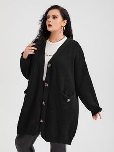 Black Casual  Long Sleeve Polyester Plain Coat Embellished Slight Stretch Fall/Winter Plus Size Knitwear Plus Size Knitwear, Plain Coats, Patch Cardigan, Shoulder Cardigan, Plus Size Cardigan, Cardigan Plus Size, Hoodies Aesthetic, Winter Plus Size, Drop Shoulder Cardigan