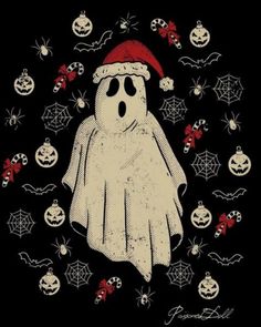 a black shirt with a white ghost wearing a santa claus hat and pumpkins around it