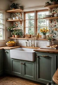 Update A Small Kitchen, Old Time Kitchen Ideas, Green House Design Interior, Cozy Farm Kitchen, Homey Kitchen Aesthetic, Kitchen Color Inspiration, Kitchen Ideas Dark Wood, Bold Color Interior Design, 1920s House Interior Design