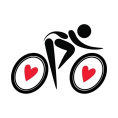 a man riding a bicycle with hearts in the wheel