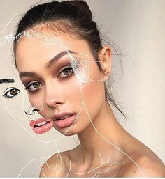 a woman's face is shown with lines drawn across her body and the image has been altered