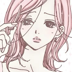 a drawing of a girl with pink hair holding a cell phone to her ear and looking at the camera