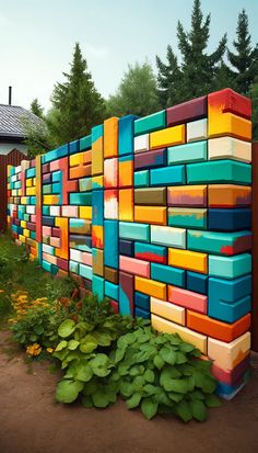 a colorful wall made out of blocks in front of some plants and flowers on the ground