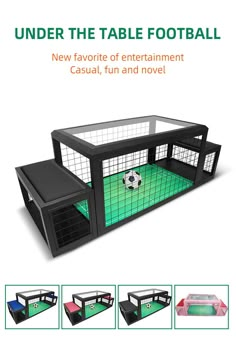 an advertisement for a pet playpen with soccer balls in the cage and on the floor