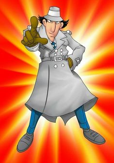 an animated man in a trench coat and hat with his hand up to the side