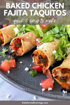 baked chicken fajitas on a plate with lettuce and tomatoes