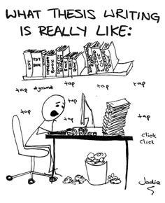 a cartoon drawing of a person sitting at a desk with books on it and the caption what their writing is really like