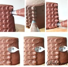 the process of decorating a cake with chocolate icing