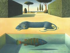 an animal laying on the ground in front of a fish and another animal standing next to it