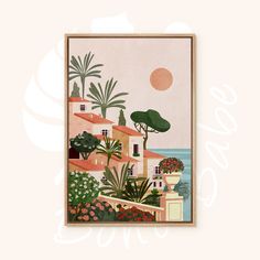 an art print with plants and houses in the background