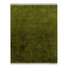 a green rug with fringes on the top and bottom, in front of a white background