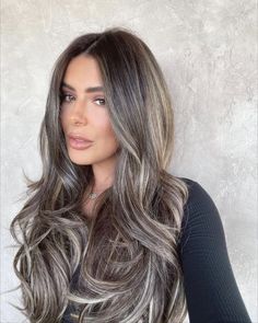 Brunette To Gray Balayage, Money Piece Balayage Ash Blonde, Brown With Ashy Blonde Highlights, Black Hair Partial Highlights, Dark Grey Balayage, Blonde Hair On Mexican Women, Cool Blonde Balayage Dark Roots, Mushroom Balayage Brunette, Ashy Bronde Balayage