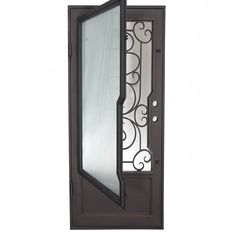 an iron door with glass panels and decorative designs on the side panel, isolated against a white background