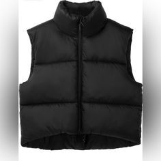 Women’s Black Cropped Puffer Vest Sleeveless Drawstring On Bottom Trendy Black Puffer Vest, Sporty Black Sleeveless Outerwear, Black Sporty Puffer Vest, Black Puffer Vest For Spring, Sporty Black Vest For Spring, Trendy Black Vest Outerwear, Trendy Black Outerwear Vest, Trendy Black Sleeveless Outerwear, Black Puffer Vest For Winter