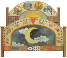 Gorgeous celestial four seasons themed bed design with patterned, quilted accents, headboard and footboard set Painted Bedframe, Moon Headboard, Hand Painted Accent Wall, Painted Bed Frame, Painted Bed Frames, Painted Headboard, Art Deco Bed, Painted Beds, Sticks Furniture