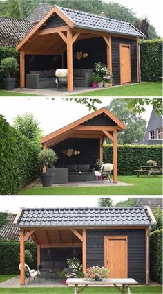 two pictures of a small wooden shed with an attached porch and picnic table in the middle