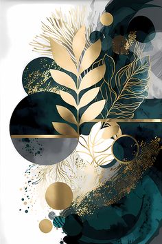 an abstract painting with gold leaves and circles on it's sides, against a white background