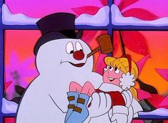 the snowman and girl are looking at each other in front of an open window