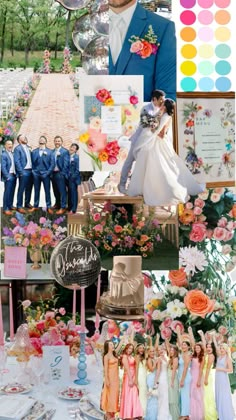 a collage of wedding photos, bride and grooms with colorful colors in the background