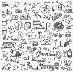 hand drawn travel and tourism doodles in black and white stock photo, royalty illustration