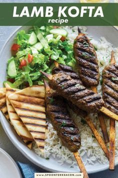 lamb kofta recipe on a plate with rice and vegetables