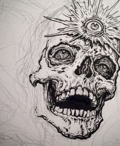 a black and white drawing of a skull with an eyeball on it's head