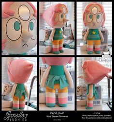 four different images of a stuffed animal with pink hair and green shirt, standing in front of a window