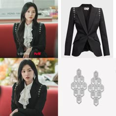 Hae In , personagem da Kim Ji Won em Queen of Tears usou blazer Alexander McQueen e brincos  Bvlgari. Rainha das Lágrimas Queen Of Tears Outfits Kdrama, Hoverboard Girl, Kdrama Outfits, Coffee Cart, Dressing Ideas, Film Fashion, Jun Ji Hyun, Ji Hyun, Business Casual Work