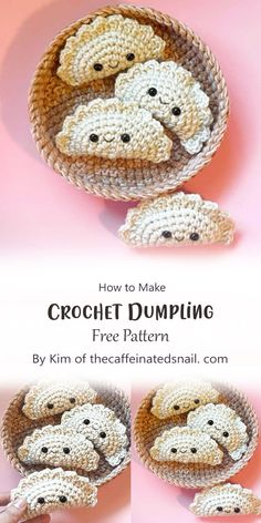 crochet dumpping basket with three little puppies in it and text overlay that says, how to make crochet dumpping free pattern