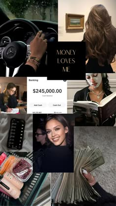 a collage of photos with money and woman in car