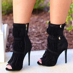 Style: Fashion. Stylish Item: Pumps / Heels Toe: Open Toe Closure Type: Zipper Heels: High Heel Black Fringe Boots, Womens Black Booties, Zipper Fashion, Tassel Shoes, Zippers Fashion, Zipper Heels, Fringe Boots, High Heel Boots Ankle, Dress Shoes Womens