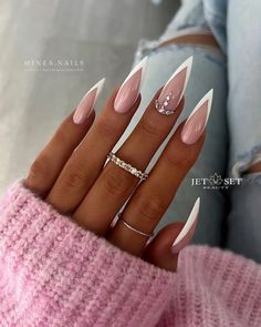 50 Latest Stiletto Nail Ideas To Try 2024! 25 Stiletto Pink Nails, French Stiletto Nails, White Stiletto Nails, Pink Stiletto Nails, Pink Nail Ideas, Stilleto Nails Designs, Nails Design With Rhinestones, Pink Nail