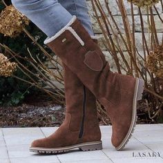 Lasaky - Winter Long Snow Boots with Side Zipper, Fold-over Design, Rounded Toe, and High Shaft. Suede Shoe Style, Low Heel Boots, Orthopedic Shoes, Rounded Toe Boots, Casual Heels, Vintage Boots, Winter Snow Boots, Martin Boots, Long Boots